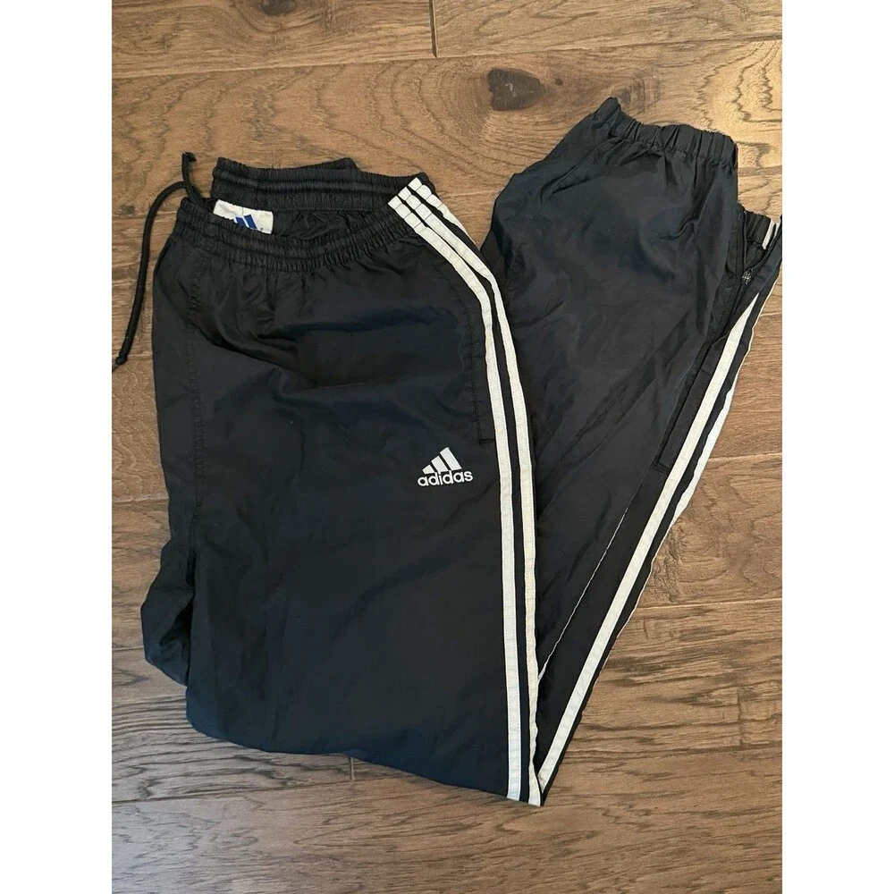 Vintage 90s Adidas Black Nylon Track Pants- Large, Windbreaker, Ankle Zip